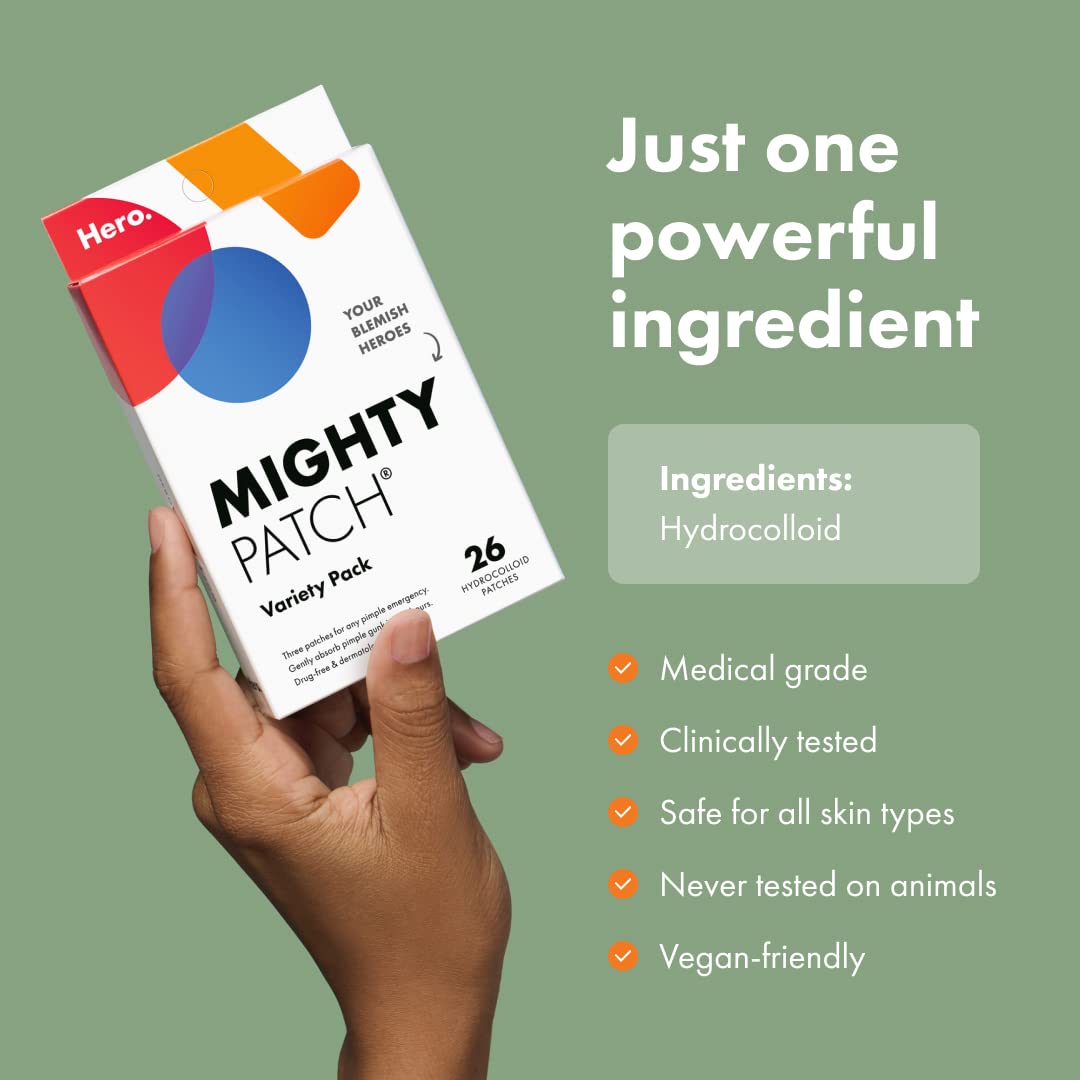 Buy now Mighty Patch™ Variety Pack from Hero Cosmetics - Hydrocolloid Acne Pimple Patches for Covering Zits and Blemishes, Spot Stickers for Face and Skin, Korean Skin Care, 26 ct at indiglob india