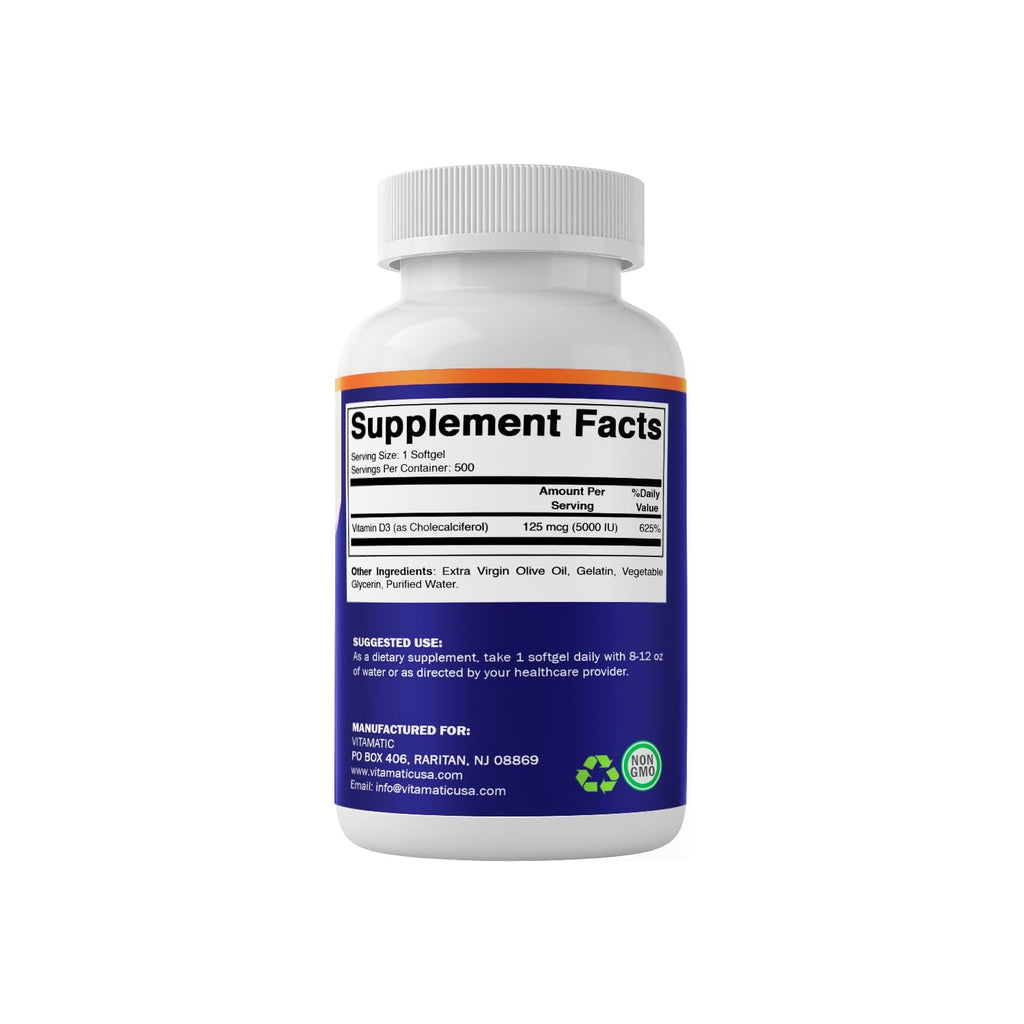 Vitamatic Vitamin D3 5000 IU (125 mcg), 500 Softgels, Made in USA | Olive Oil-Based Formula, Cold Pressed, 500 Day Supply, Support Immune Health*, Non GMO, Gluten Free