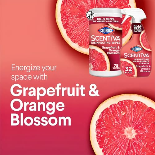 Buy now Clorox Scentiva Disinfecting Multi-Surface Cleaner Spray 32 Ounce & Disinfecting Wipes-75 Count, Tahitian Grapefruit Splash Scent Bundle at indiglob india