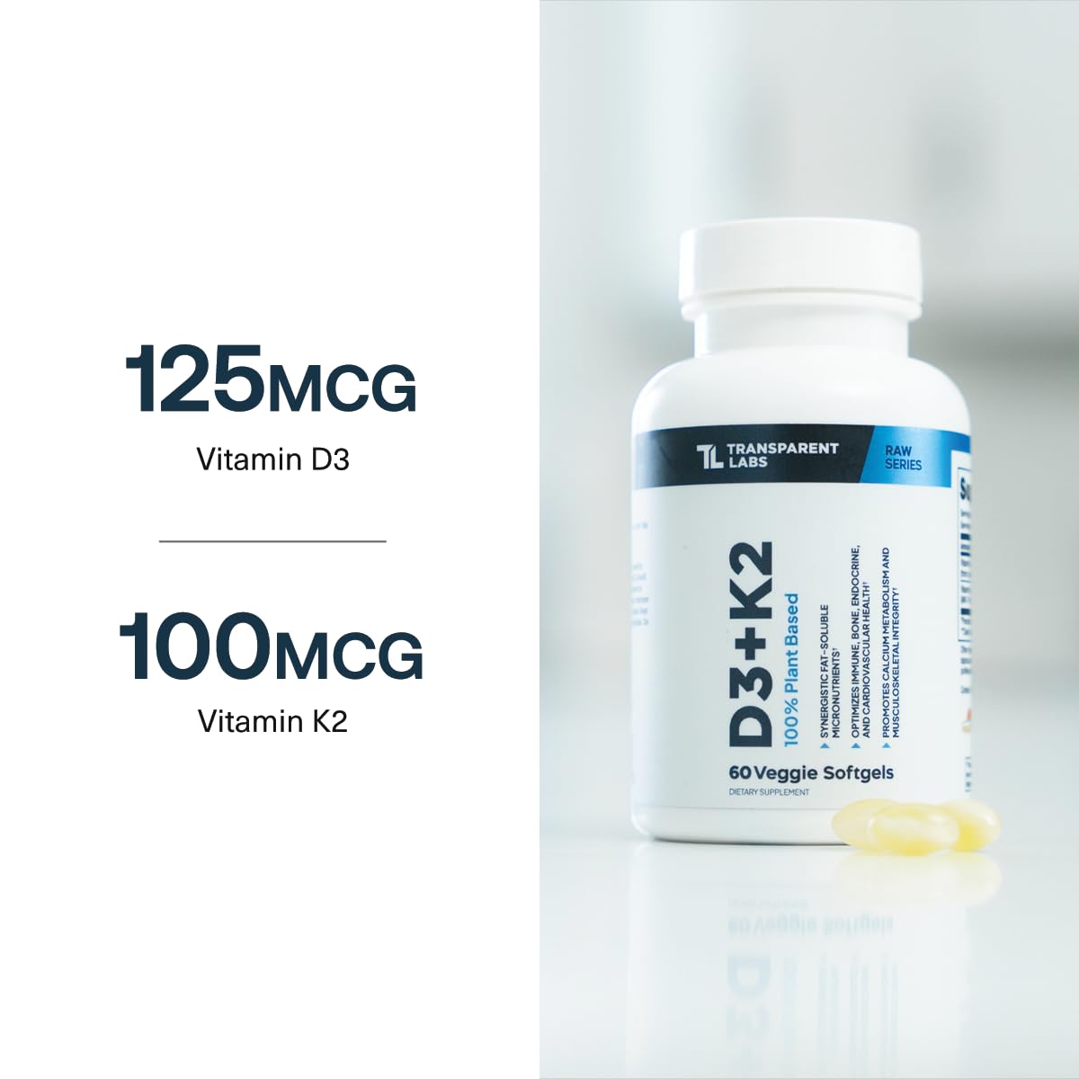 Transparent Labs Vitamin D3 K2 - Vitamin D & K2 Vitamin Supplement for Men & Women, Vegan-Friendly D3K2 5000 IU Supplements to Support Bone, Immune, and Overall Health - K2 D3 60 Capsules