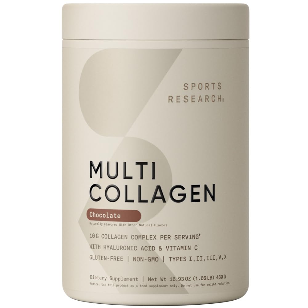 Sports Research® Multi Collagen Protein Powder, Chocolate - 30 Servings | 10g Grass-Fed Type I, II, III, V, X Collagen per Scoop w/Hyaluronic Acid & Vit. C | Hair, Skin & Joint Support | Easy to Mix