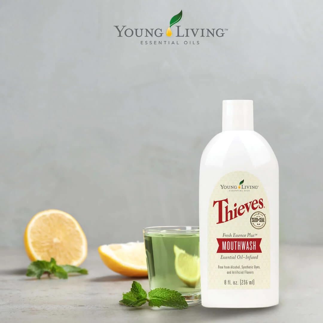 Young Living Thieves Fresh Essence Plus Mouthwash | 8 fl oz | Alcohol-Free and Fluoride-Free | Enhanced with Essential Oils | Peppermint, Rosemary, Lemon, & Cinnamon Oils