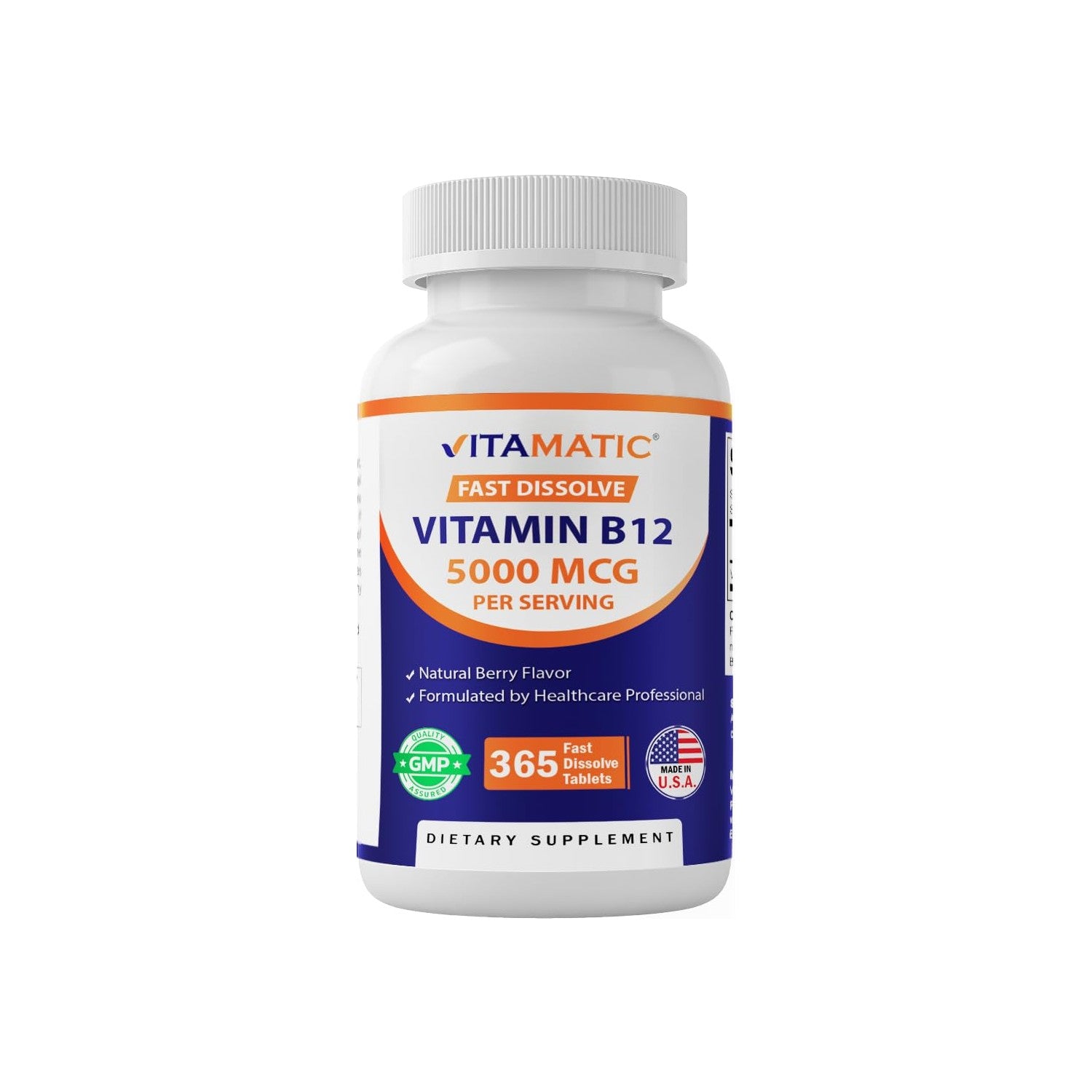 Vitamatic Vitamin B12 5000 mcg – 365 Fast Dissolve Tablets Berry Flavor – Supports Energy Production & Nervous System Health – Non-GMO, Gluten-Free