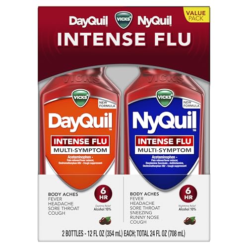 Buy now Vicks DayQuil & NyQuil Intense Flu Liquid, Value Pack, Over-The-Counter, Multi-Symptom, Powerful Relief for Body Aches, Fever, Headache, Sore Throat, and Cough, 6 Hour Relief, Cherry Flavor, 12 FL OZ at indiglob india