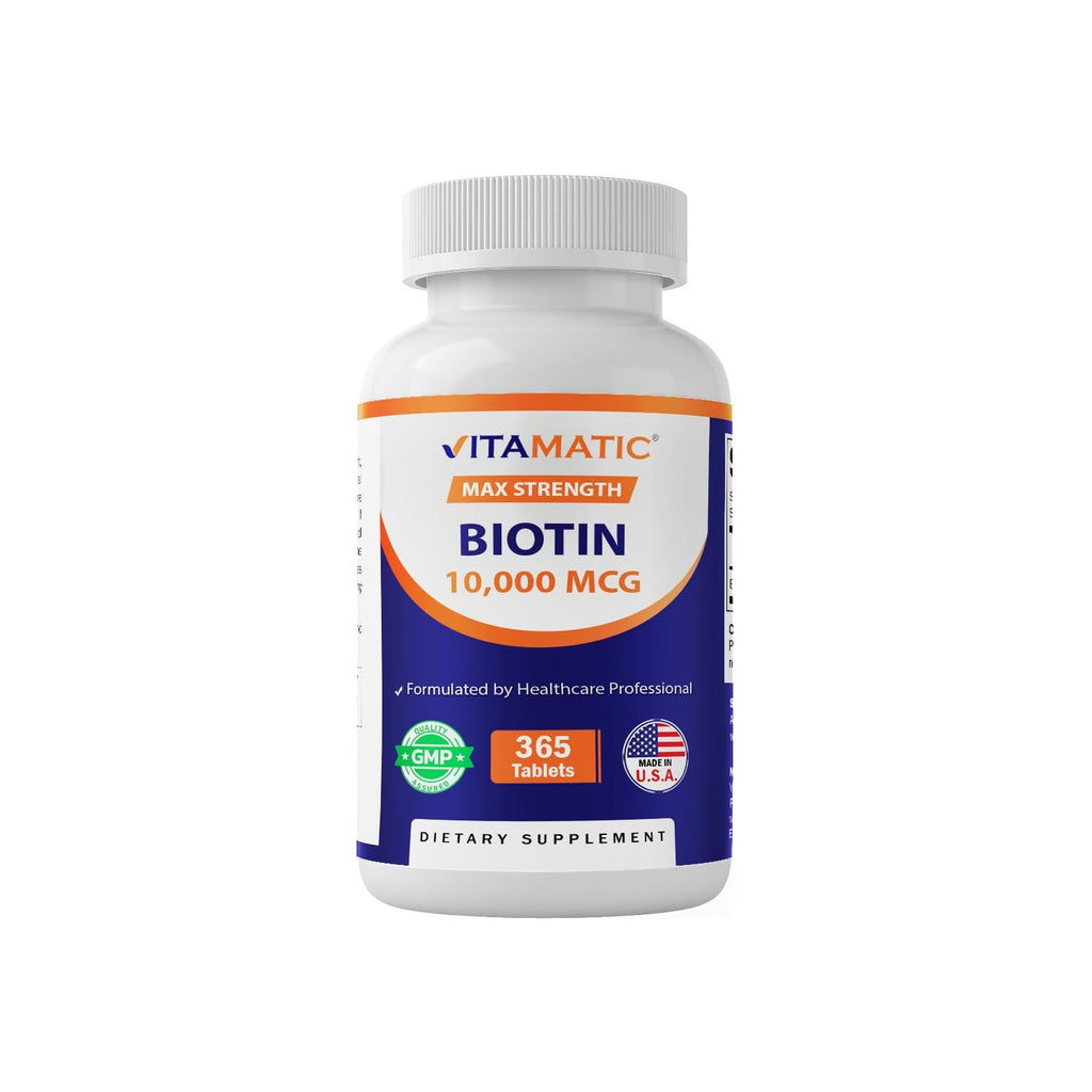 Vitamatic Biotin 10,000 mcg (10 mg) for Stronger Hair, Skin & Nails - 365 Vegan Tablets- Also Called Vitamin B7