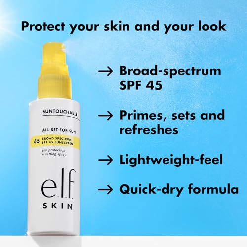 Buy now e.l.f. SKIN All Set For Sun SPF 45, Setting Spray With SPF 45 For Long-Lasting Makeup, Weightless, Non-Greasy Formula, Vegan & Cruelty-Free, Packaging May Vary at indiglob india
