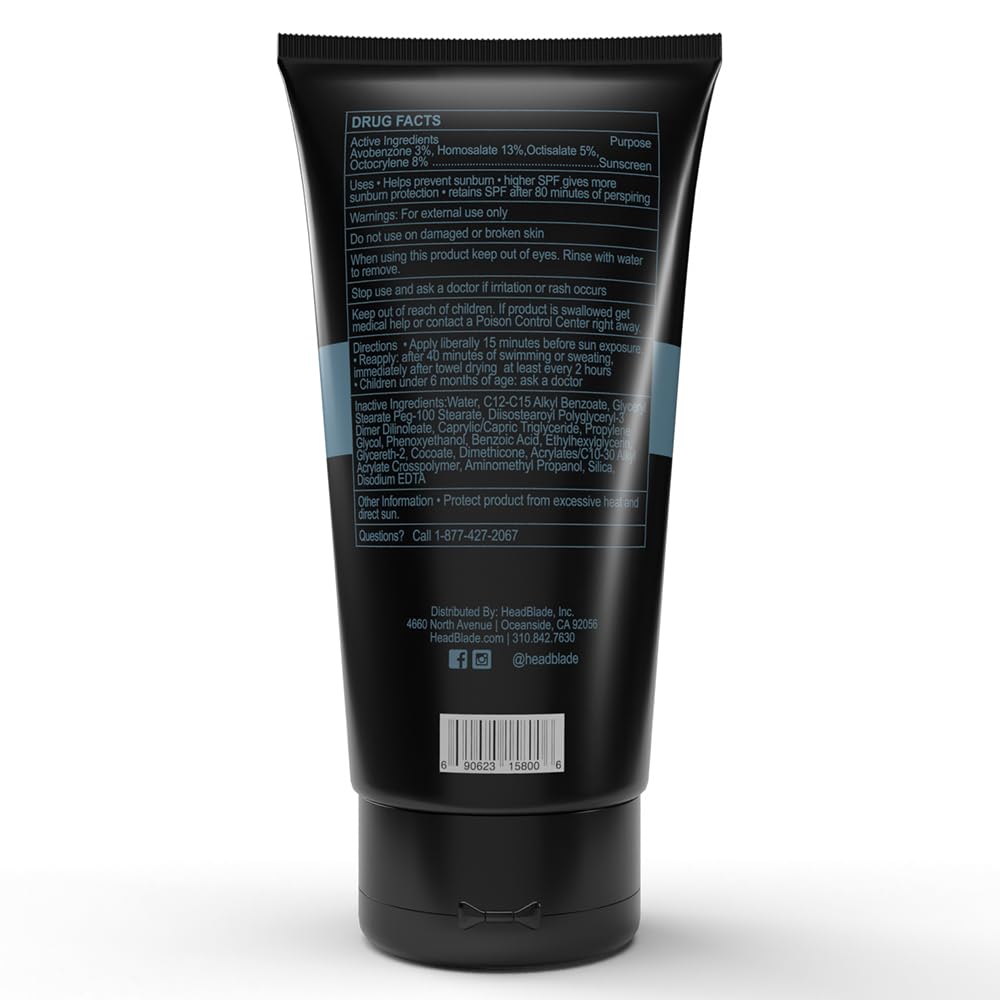 HeadBlade HeadLube SPF 50 Men's Lotion and Sunscreen - No Greasiness, Sweat Resistant, Formulated for Face, Body & Scalps - Water Resistant for 80 Minutes, 5 fl oz