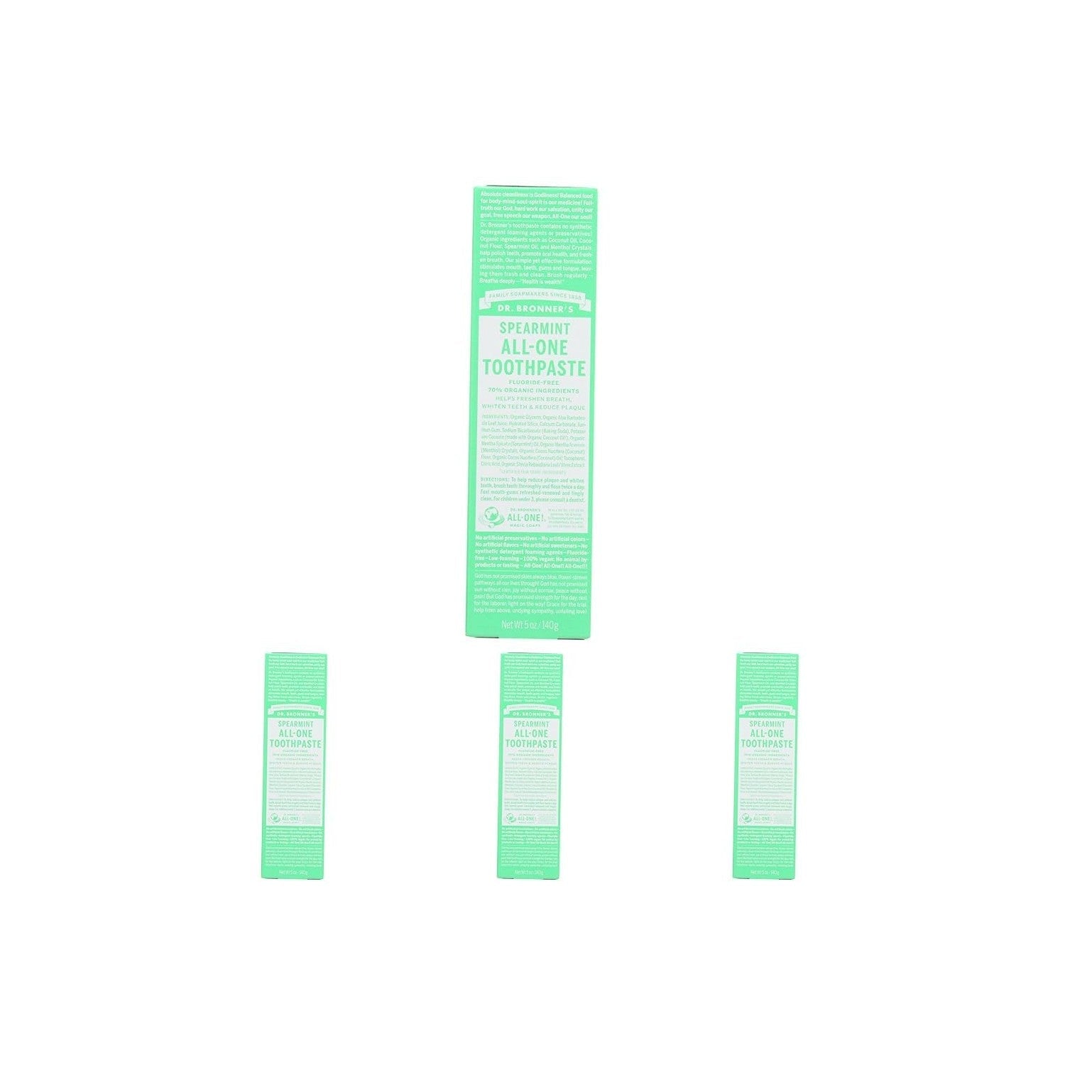 Buy now Dr. Bronnerâ€™s - All-One Toothpaste (Peppermint, 5 ounce) - 70% Organic Ingredients, Natural and Effective, Fluoride-Free, SLS-Free, Helps Freshen Breath, Reduce Plaque, Whiten Teeth, Vegan 5.07 Fl Oz (Pack of 4) Spearmint at indiglob india