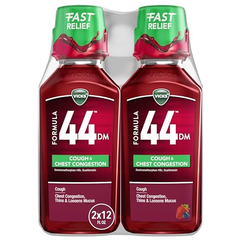Buy now Vicks Formula 44 DM Cough & Congestion Liquid, Over-The-Counter Medicine, Day or Night, Cough Syrup, Powerful Cough and Congestion Relief, Cough Suppressant and Expectorant, Berry Flavor, 2x12 FL OZ at indiglob india