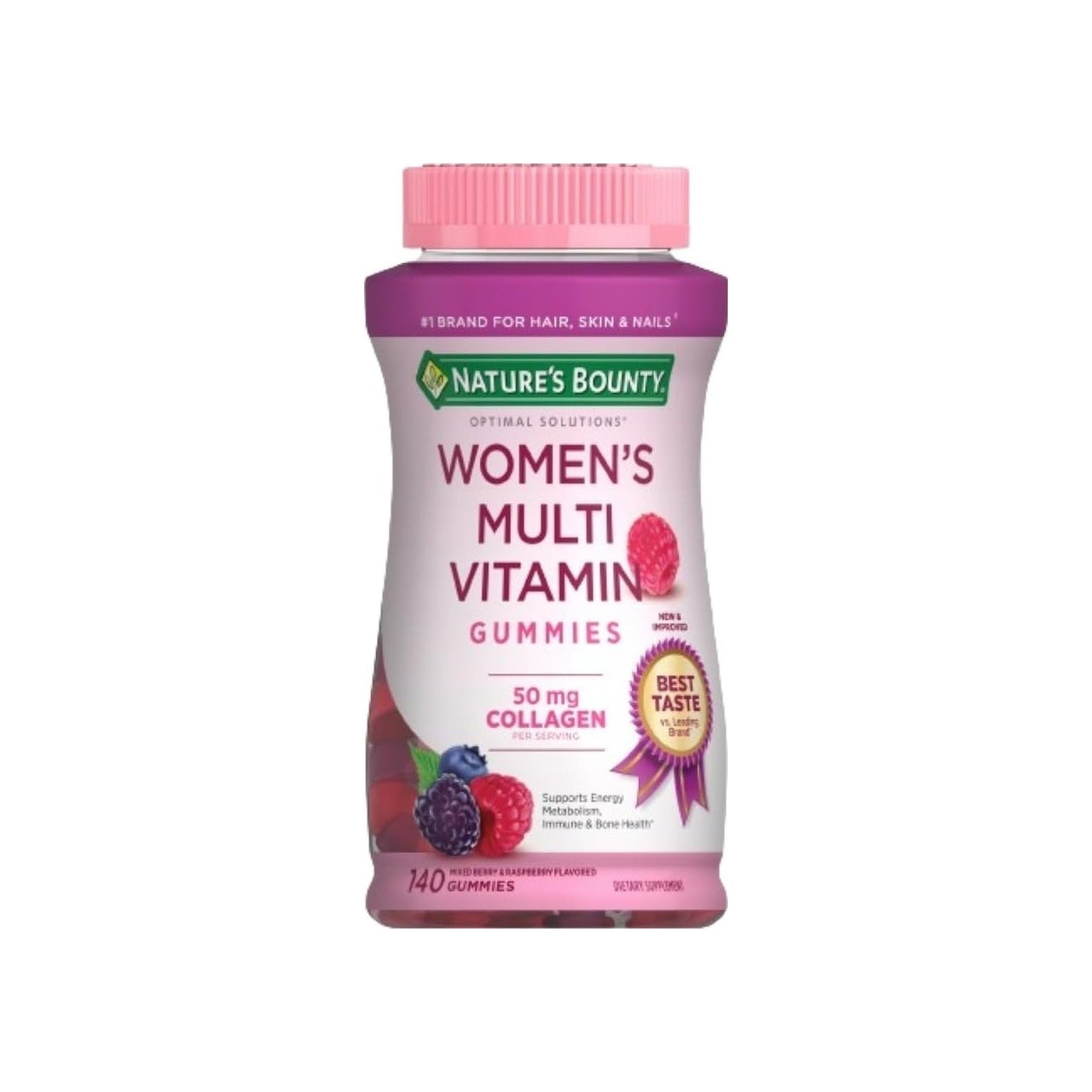 Nature's Bounty Optimal Solutions, Women's Multivitamin Gummies for Immune Support, Cellular Energy Support, Bone Health, Raspberry Flavor, 140 Ct, 70 Total Servings
