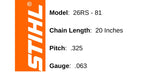 STIHL 26RS 81 Rapid Super Chainsaw Chain 20" Bar .325 pitch .063 gauge