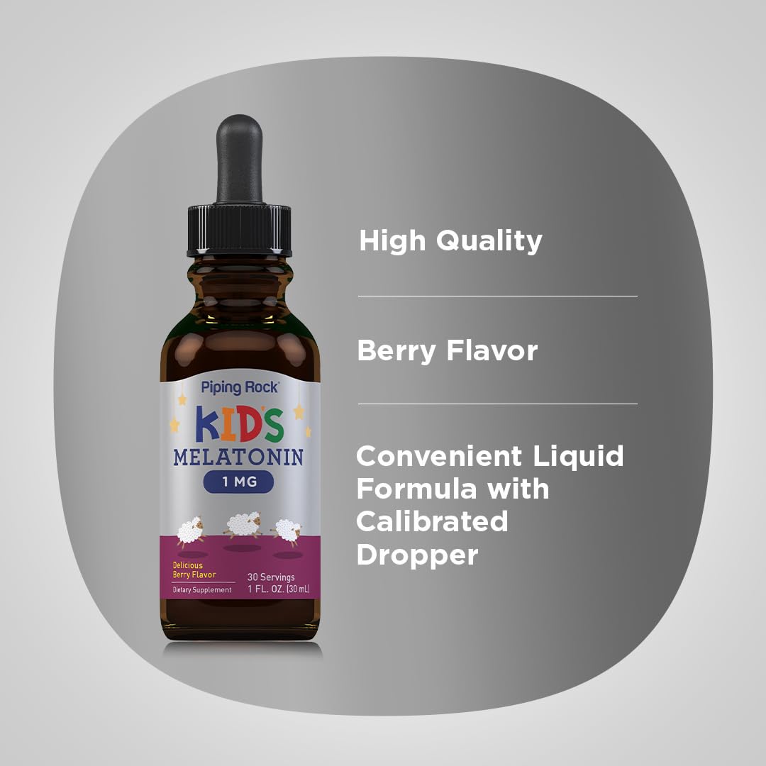 Piping Rock Kids Melatonin Liquid 1 fl oz | 1mg | Pack of 3 Bottles