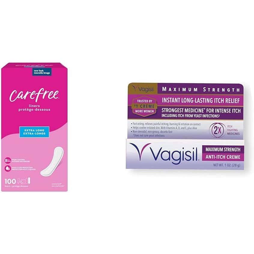 Buy now Carefree Panty Liners for Women, Extra Long, Unwrapped, Unscented, 100ct | Pantiliners, Carefree, Daily for Women, Light Periods and Leaks, 8-Hour Odor Control|100ct (Packaging May Vary) 100 Count (Pack of 1) Liners+ Feminine Anti-Itch Cream at indiglob india