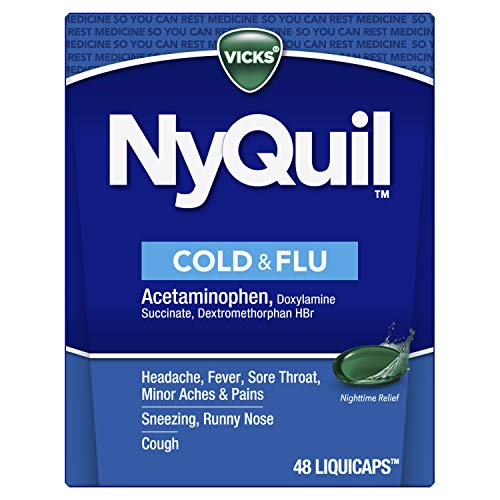 Buy now Vicks NyQuil Cold & Flu Relief Over-the-Counter Medicine, Powerful Multi-Symptom Nighttime Relief for Headache, Fever, Sore Throat, Aches, Sneezing, Runny Nose & Cough, 48 LiquiCaps at indiglob india
