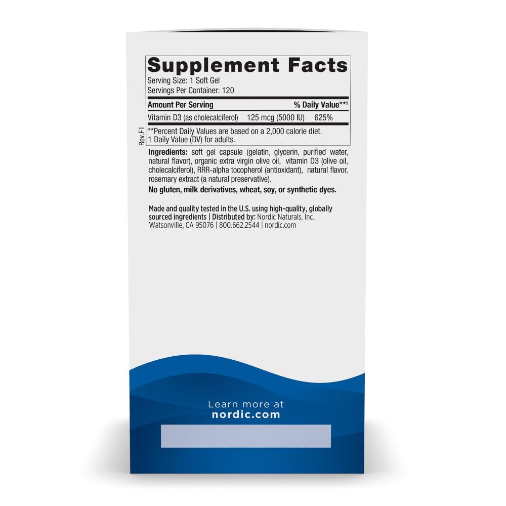 Nordic Naturals Vitamin D3 5000 IU,Non-GMO, Orange - 120 Mini Softgels | High-potency vitamin D3 for bone health, mood support & immune function. One mini softgel daily. Non-GMO. 120 servings