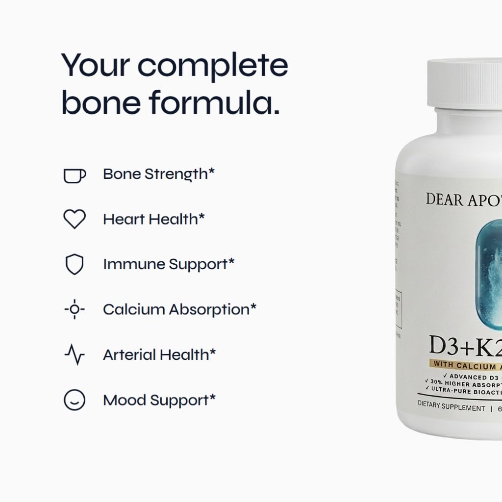 D3+K2 Max Vitamin D3 125mcg + K2 MK-7 100mcg with Calcium 210mg & BioPerine - Bone, Heart & Immune Support - Non-GMO, Gluten Free - 60 Capsules