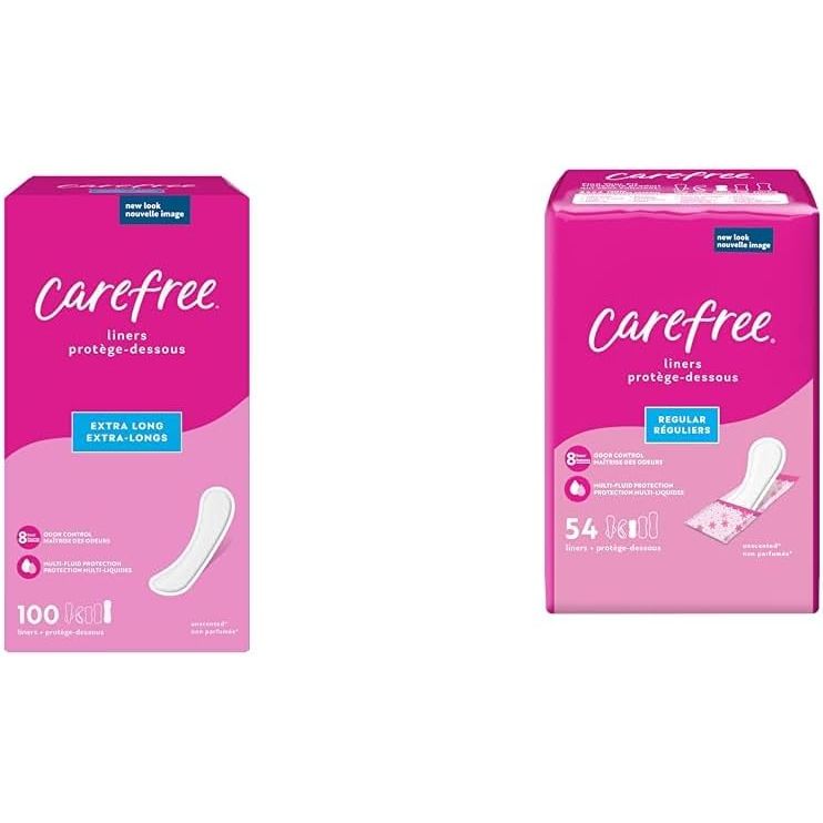 Buy now Carefree Panty Liners for Women, Extra Long, Unwrapped, Unscented, 100ct | Pantiliners, Carefree, Daily for Women, Light Periods and Leaks, 8-Hour Odor Control|100ct (Packaging May Vary) Extra Long, Regular Liners + Liners, 54ct at indiglob india