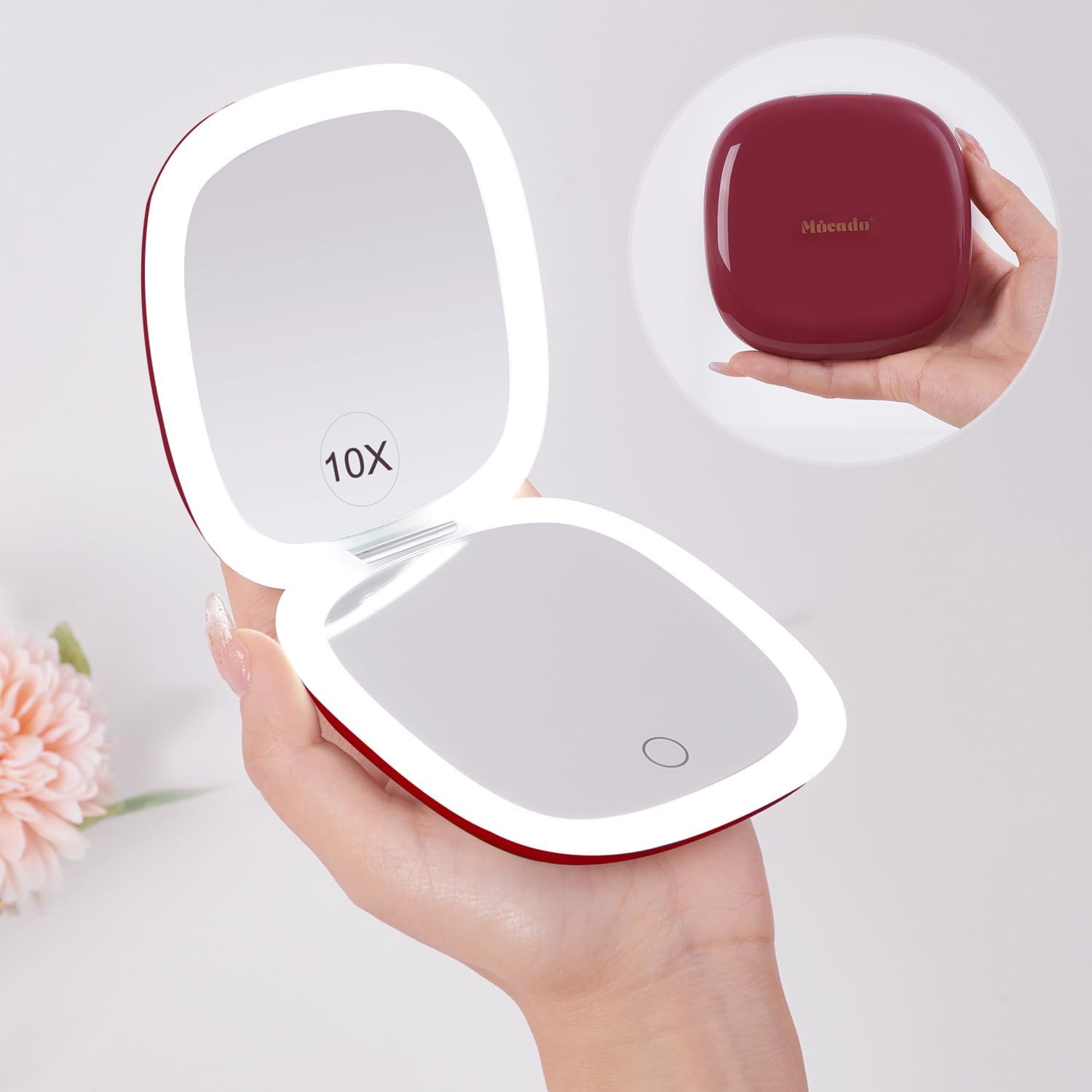 Buy now Mocado Compact LED Magnifying Makeup Mirror 4â€³ â€“ 1X/10X Double-Sided Dimmable Touch Mirror | USB Rechargeable Portable Travel Cosmetic (Rose Gold) Wine Red at indiglob india
