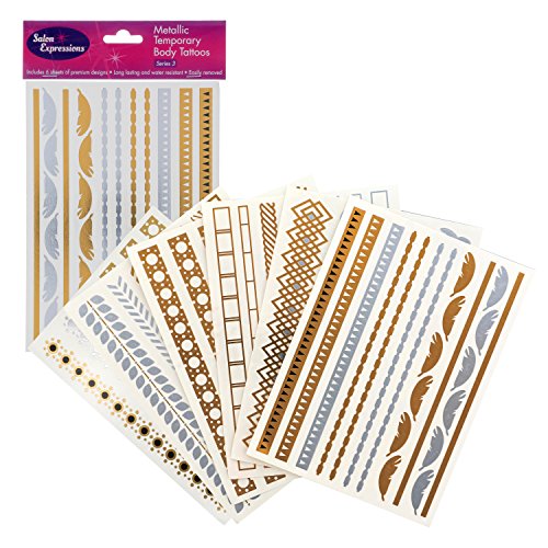 Buy now Metallic Temporary Tattoos- 6 Sheets of Gold & Silver Long Lasting Fashion Designs (Series 3)- Temporary Flash Tattoo is Water Resistant, Easy Apply- Bachelorette Party Supplies- Stocking Stuffer Gift at indiglob india