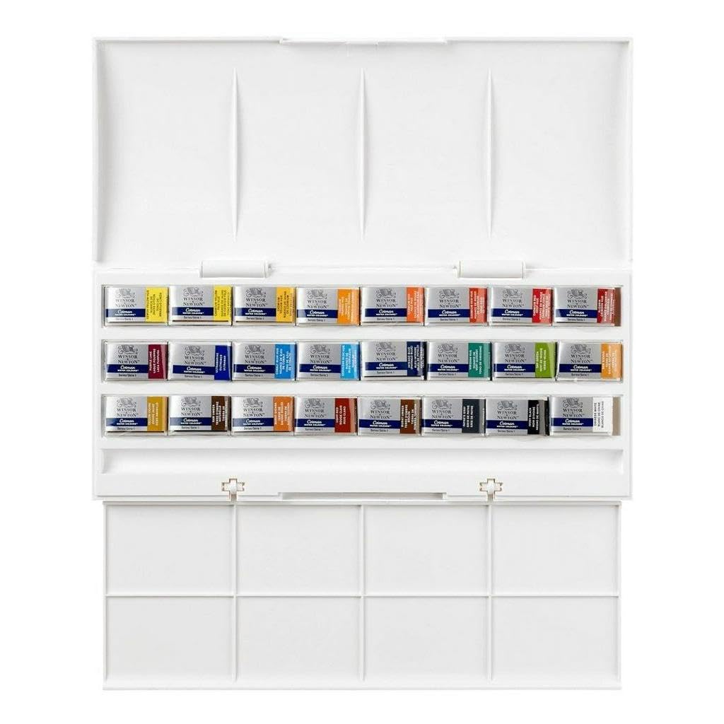Buy now Winsor & Newton Cotman Watercolor Paint Set, Field Pocket Set, 12 Half Pan w/ Brush, Sponge, Bottle 12 Tube Palette Set 8ml at indiglob india