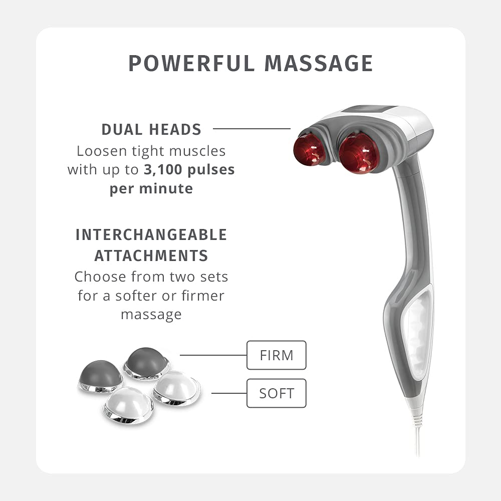 Buy now Homedics Back Massager - Heated Automatic Percussion Back, Body and Neck Massager with Dual Pivoting Heads, Interchangeable Nodes, for Shoulders, Legs and Feet, White at indiglob india