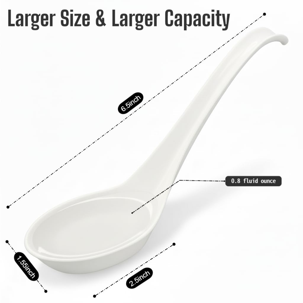 50 Pack Disposable Asian Soup Spoons with Hook – Eco-Friendly Cornstarch Spoons for Ramen Pho Noodle Bowls, Heavy Duty Takeout Spoons, BPA-Free