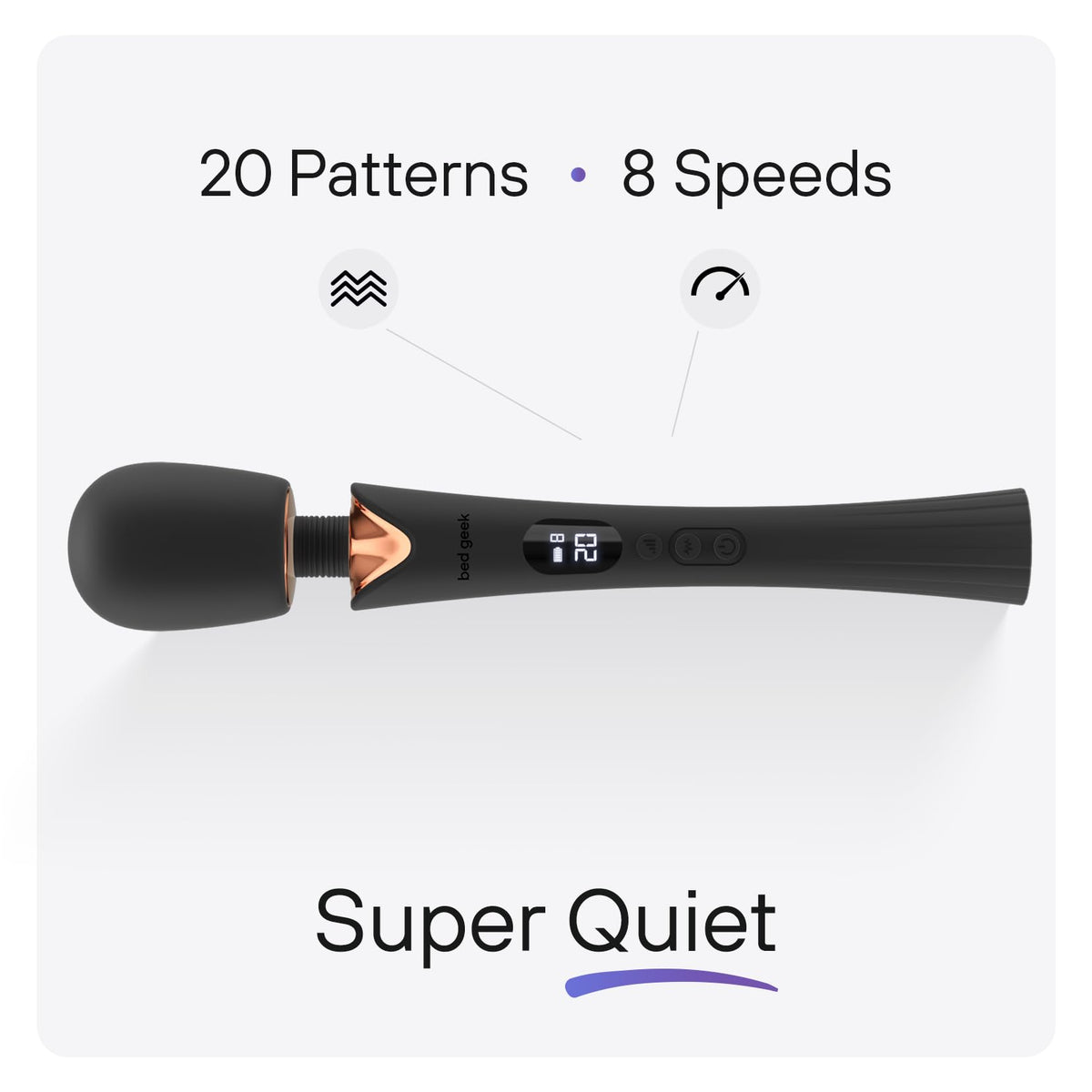 bed geek Cordless Wand Massager – Super Powerful Handheld Massage with 20 Speeds & 8 Patterns, Soft Silicone Head, Quiet Motor, LED Display, Body-Safe & Waterproof Black & Rose Gold