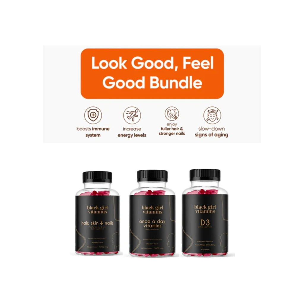 Black Girl Vitamins Look Good Feel Good Bundle – Hair Skin & Nails, Vitamin D3 2000IU & Once a Day Multivitamin - Women's Supplement Bundle – Energy, Immunity & Beauty Support