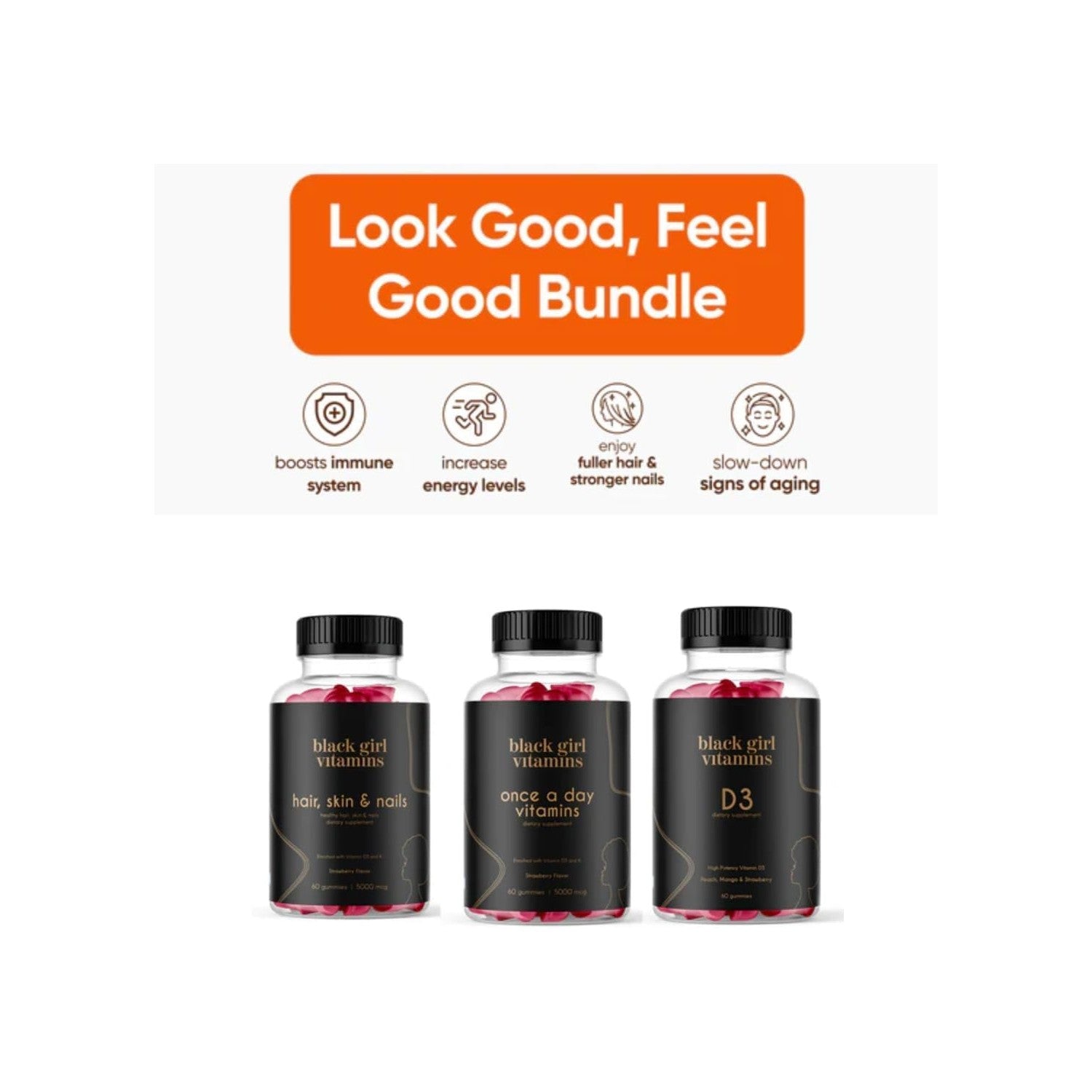 Black Girl Vitamins Look Good Feel Good Bundle – Hair Skin & Nails, Vitamin D3 2000IU & Once a Day Multivitamin - Women's Supplement Bundle – Energy, Immunity & Beauty Support