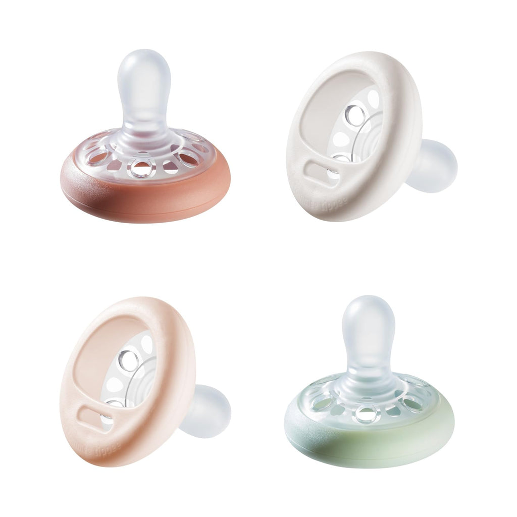 Buy now Tommee Tippee Breast-Like Pacifier, 0-6 Months, Symmetrical Design, Natural Breast-Like Baglet, BPA-Free Binkies, Pastel/Blue/Black, Pack of 4 at indiglob india