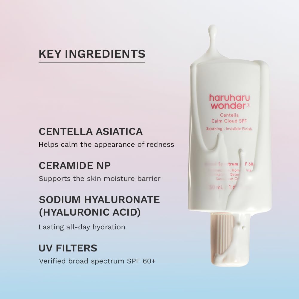 haruharu Centella Calm Cloud Face Sunscreen SPF 60+, 1.69 fl.oz, Vegan | No White Cast, Lightweight Application, Hydrating, Hyaluronic Acid, Ceramide, Sensitive Skin, Cruelty-Free, Korean Skin care