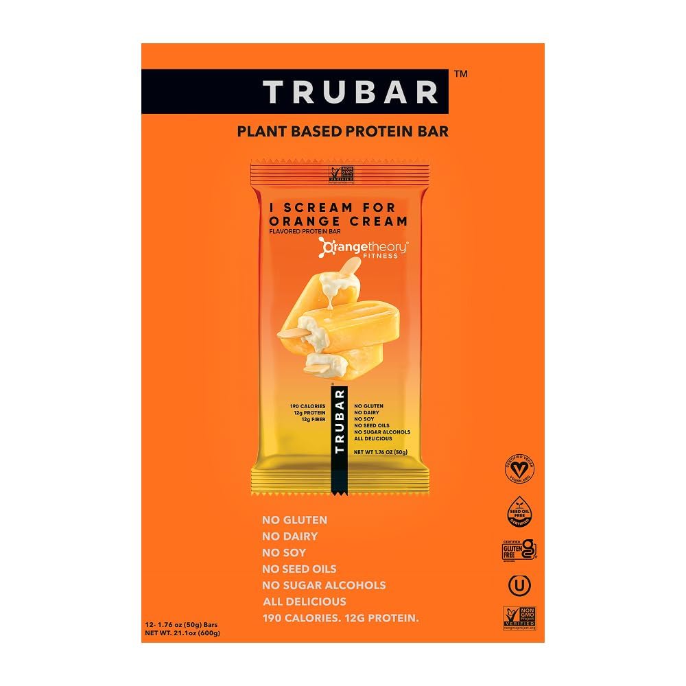 TRUBAR Vegan Protein Bar, I Scream for Orange Cream, Gluten Free, Plant Based Protein, Dairy Free, Non GMO, Soy Free, No Sugar Alcohols, 12G Protein, 13G Fiber, Healthy on the Go Snack Bars, 12 CT