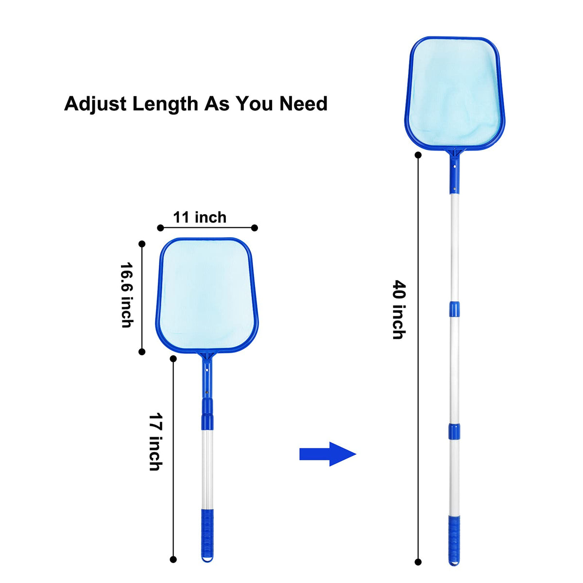 Pool Skimmer Net with Adjustable 17-40" Telescopic Pole - Fine Mesh Net - Leaf Skimmer for Cleaning Surface of Swimming Pools, Hot Tubs, Spas and Fountains