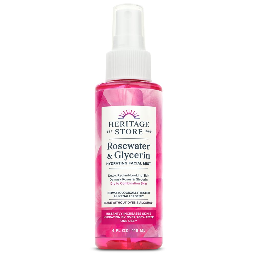 Buy now HERITAGE STORE Rosewater & Glycerin Hydrating Facial Mist - Dry Combination Skin Care - Rose Water Spray w/ Vegetable Glycerine, Made Without Dyes or Alcohol, Hypoallergenic, Vegan, Cruelty Free, 4oz at indiglob india