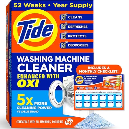 Buy now Tide Washing Machine Cleaner 52 Week Supply with Oxi for Front and Top Loader Washer Machines, Deep Cleaning Residue & Odor Eliminator, 12 Month Supply (Packaging May Vary) at indiglob india