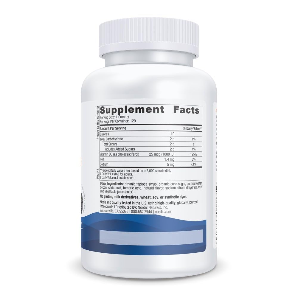 Nordic Naturals Vitamin D3 Gummies,1000 IU D3 + Iron, Wild Berry - 120 Count