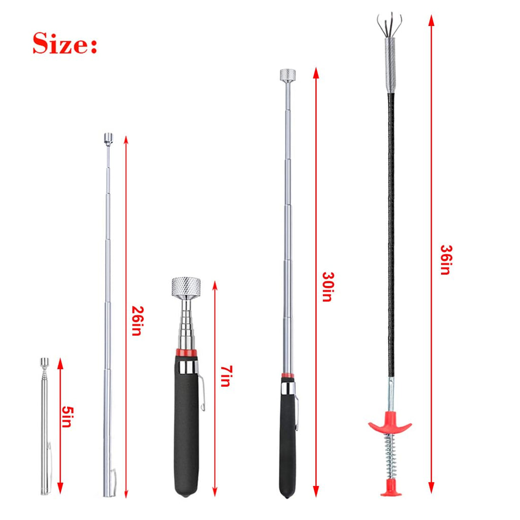 4 Pack Telescoping Magnet Pick-up Tool Set - Retrieving Pickup Tools，Extendable Pick Up Tools，Bendable Spring Magnet Stick，Flexible Extra Long Reach Bendable Curve Grabber with 4 Claws