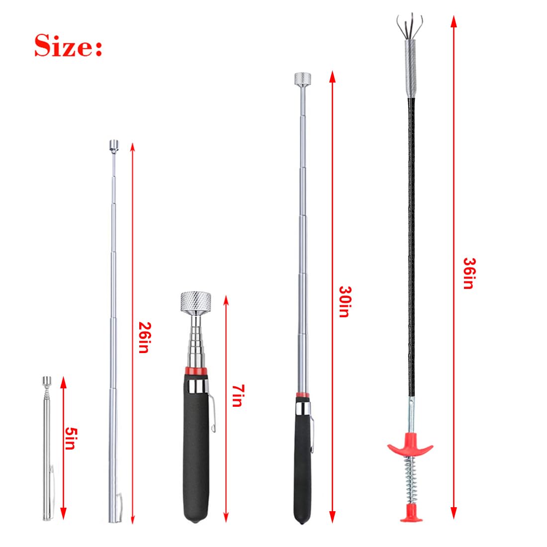 4 Pack Telescoping Magnet Pick-up Tool Set - Retrieving Pickup Tools，Extendable Pick Up Tools，Bendable Spring Magnet Stick，Flexible Extra Long Reach Bendable Curve Grabber with 4 Claws