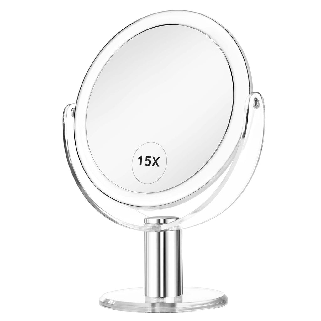 CLSEVXY Vanity Makeup Mirror with Stand, 1X/15X Magnification Double Sided 360 Degree Swivel, Portable Table Desk Counter top Magnifying Mirror, Tabletop Mirror for Bedroom or Dorm Room, 6.25 Inch