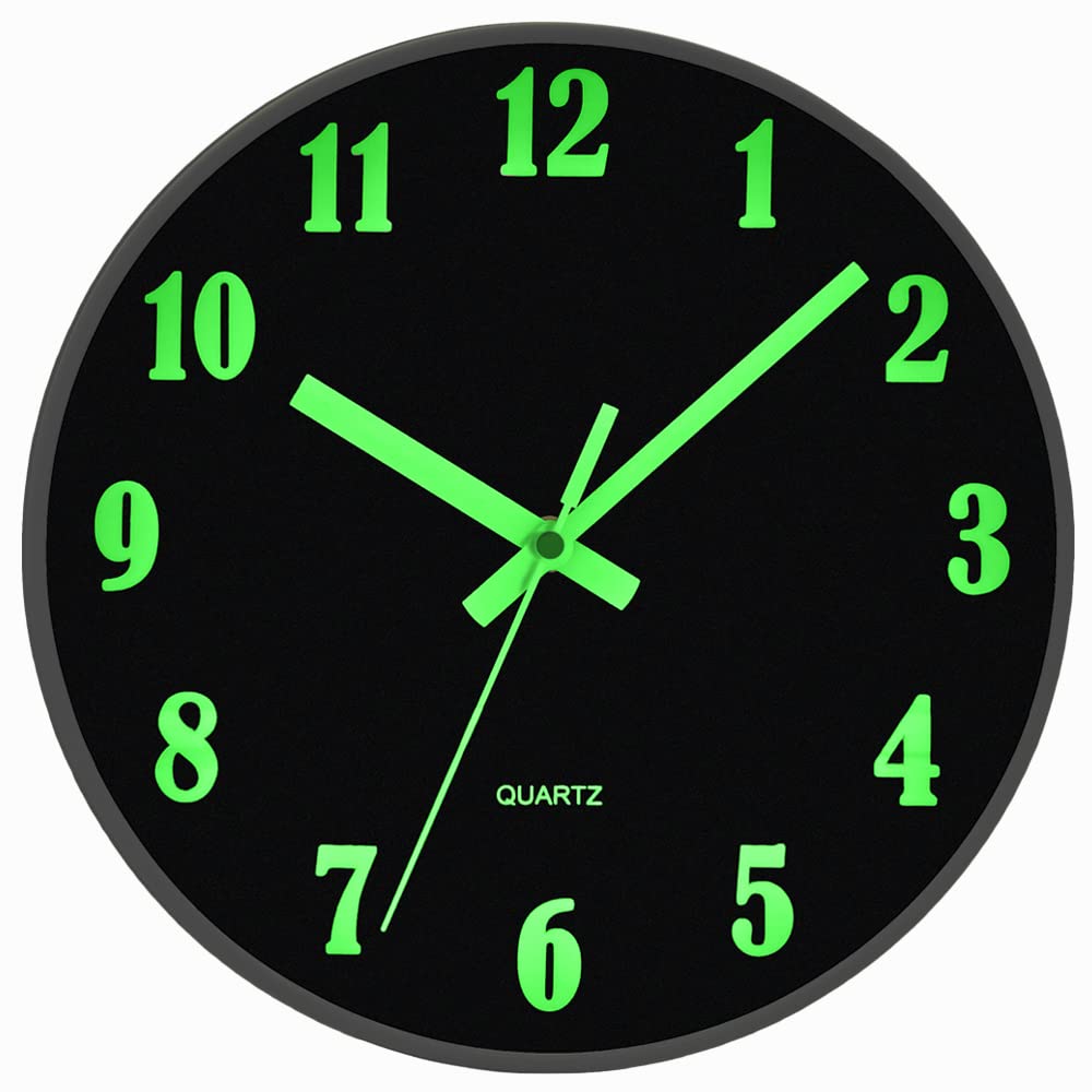 Buy now JoFomp Glow in The Dark Clock, 12 Inch Modern Silent Non Ticking Wall Clocks Battery Operated, Night Light Wall Clock for Living Room Decor, Wall Clock Decorative for Kitchen Bedroom (Green) Black 10 INCH at indiglob india