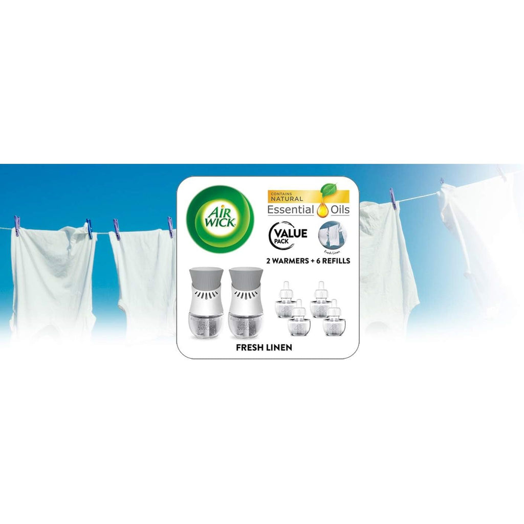 Buy now Air Wick Plug in Scented Oil Starter Kit, 2 Warmers + 6 Refills, Fresh Linen, Same Familiar Smell of Fresh Laundry, Eco Friendly, Essential Oils, Air Freshener at indiglob india