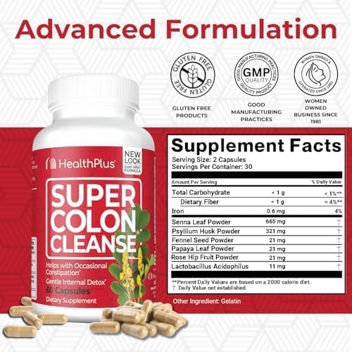 Buy now Health Plus Super Colon Cleanse 15 Day Supply of Gentle Gut Cleanse Detox, Psyllium Husk, Probiotics for Constipation Relief & Digestive Support, 60 Capsules at indiglob india