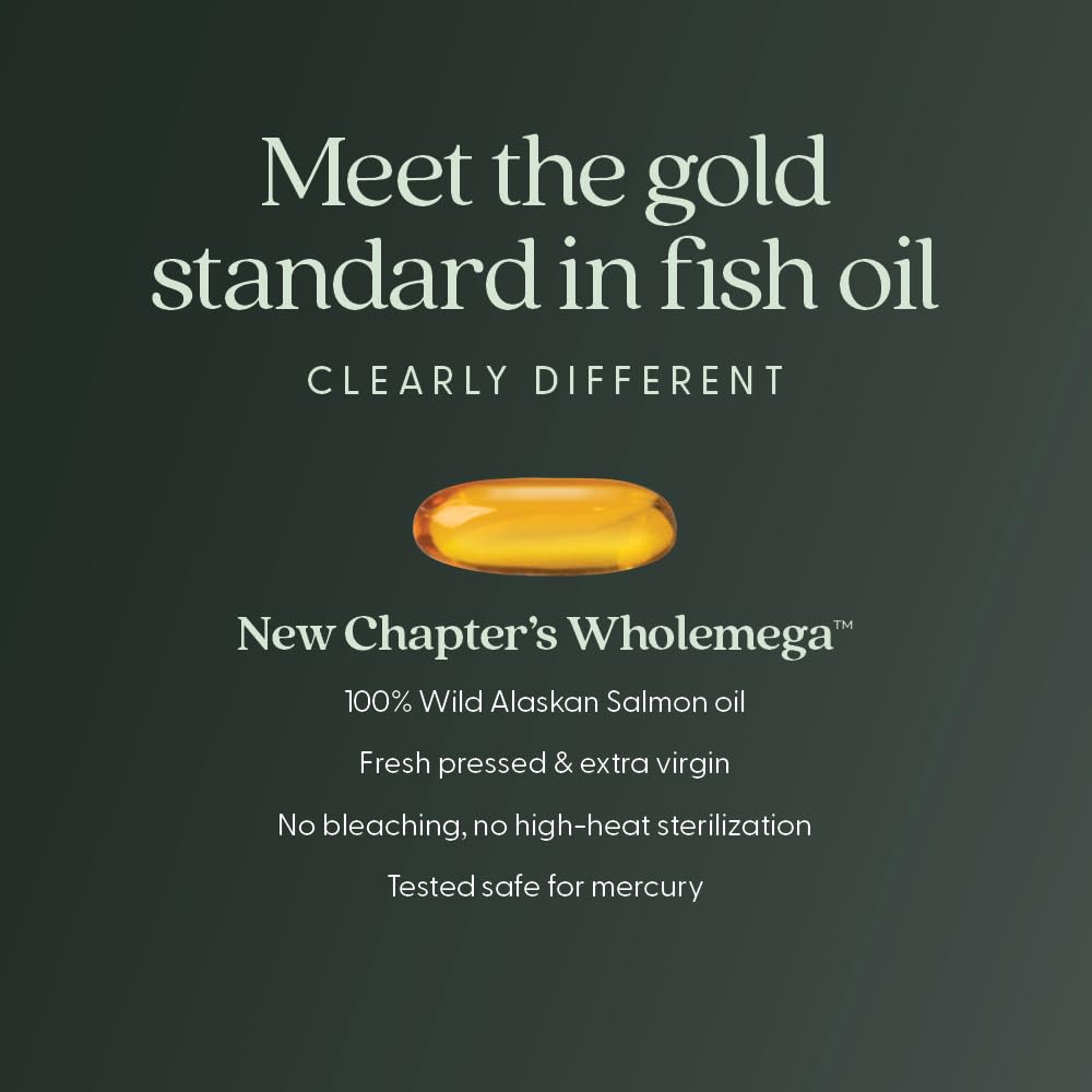 New Chapter Wholemega Wild Alaskan Salmon Oil, 180 Softgels | 2000 mg per Serving, Clinically Proven Omega-3 for Heart, Brain, and Joint Health, with Vitamin D3 and Astaxanthin