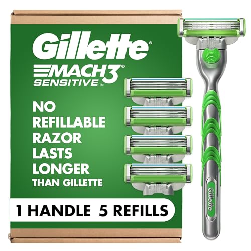 Buy now Gillette Mach3 Sensitive Razors for Men, 1 Handle, 5 Blade Refills, Designed for Sensitive Skin at indiglob india