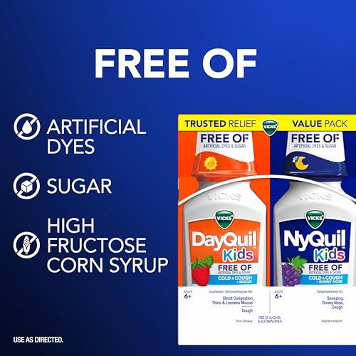 Buy now VICKS Kids DayQuil & NyQuil Cold & Cough Relief Liquid Co-Pack, Free of Artificial Dyes & Sugar, Multi-Symptom Relief of Cough, Sneezing, Runny Nose, Mucus, and Chest Congestion, for Ages 6+, 2x6oz at indiglob india