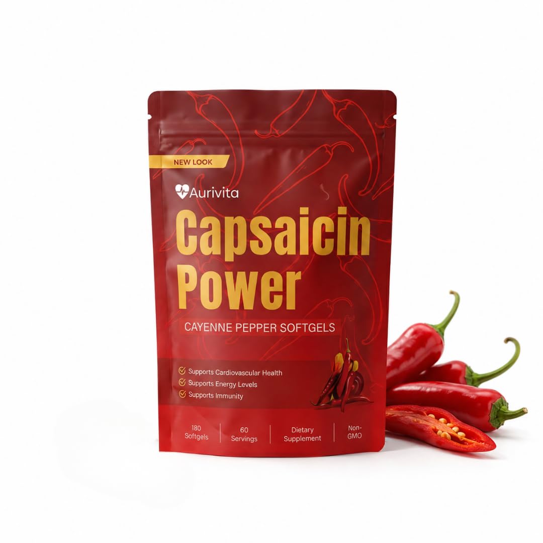 Aurivita Cayenne Pepper Capsules 180 Softgels - Cayenne Pepper Capsaicin Supplement with Vitamin E D3 & K2, Beetroot & Turmeric, Supports Circulation & Daily Energy