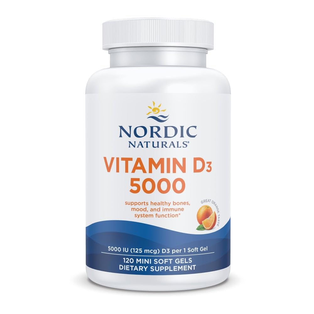 Nordic Naturals Vitamin D3 5000 IU,Non-GMO, Orange - 120 Mini Softgels | High-potency vitamin D3 for bone health, mood support & immune function. One mini softgel daily. Non-GMO. 120 servings