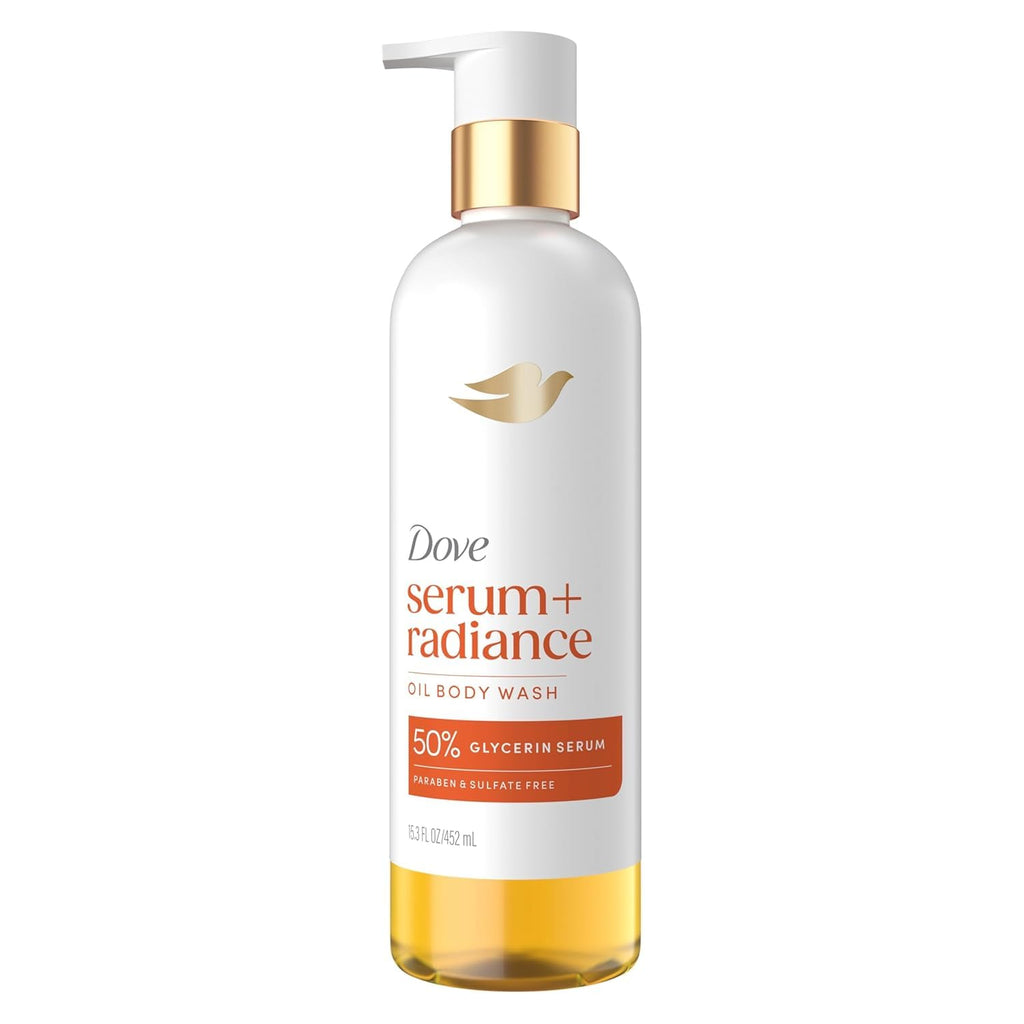 Dove Serum+Shower Oil Body Wash Radiance, Jojoba & Monoi Flower, 15.3 fl oz | Hydrating shower oil body wash with glycerin serum for soft, radiant skin without greasy residue.