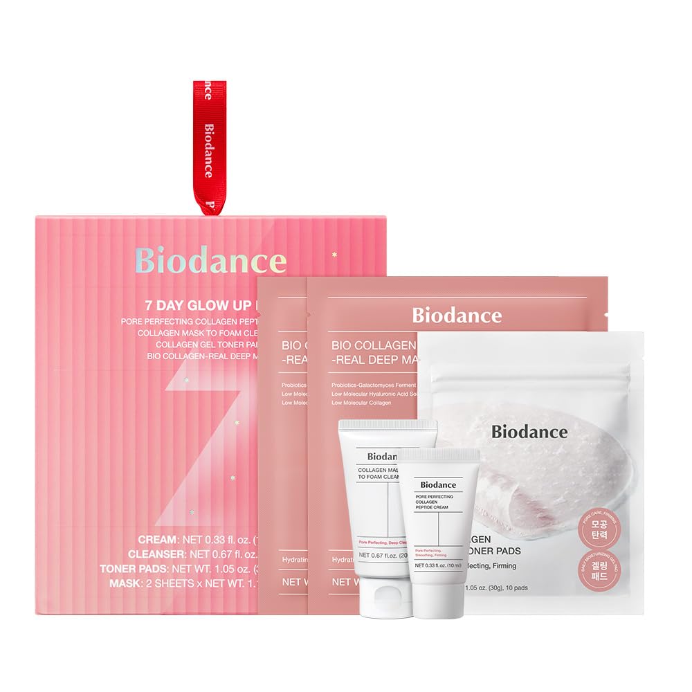 BIODANCE 7 Day Glow Up Kit: Collagen Gift Set for Glass-Skin, Korean Skin Care with Cleanser, Toner Pads, Moisturizer, Gel Masks, All-in-One Skin Care Set, Mothers Day Gifts