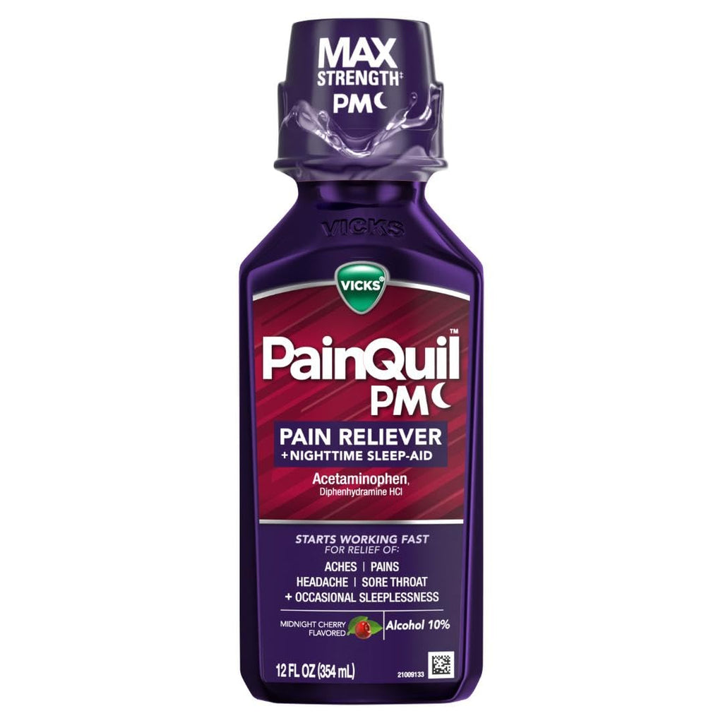 Buy now Vicks PainQuil Pain Relief Acetaminophen 1000mg Max Strength Adult Pain Reliever Liquid 12oz, Backache Headache Relief, 1 Nighttime Pain Reliever + Sleep Aid at indiglob india